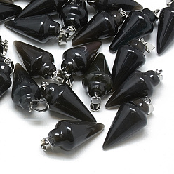 Black Agate Dyed Natural Black Agate Pendants, with Stainless Steel Snap On Bails, Cone, 31~33x14~15mm, Hole: 6x4mm