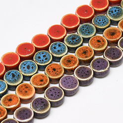 Mixed Color Handmade Porcelain Beads, Fancy Antique Glazed Porcelain, Flat Round, Mixed Color, 12~13x7.5~8mm, Hole: 3mm