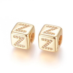 Letter Z Латунные микро проложить Цирконий Европейский бисером, горизонтальное отверстие, бусины с большим отверстием, долговечный, куб с письмом, золотые, прозрачные, letter.z, 9x9x9.5 мм, отверстие : 4.5 мм