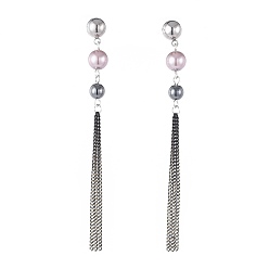 Pink Dangle Stud Earrings, with 304 Stainless Steel Stud Earring Findings, Non-Magnetic Synthetic Hematite Beads and Brass Twisted Curb Chains, Pink, 90mm, Pin: 0.8mm