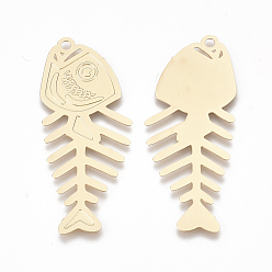 Light Gold Brass Pendants, Etched Metal Embellishments, Fish Bone, Light Gold, 46.5x19x0.3mm, Hole: 2mm