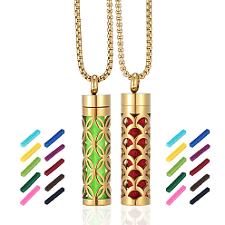 Mixed Shapes 2Pcs 2 Styles Stainless Steel Perfume Bottle Necklaces, Hollow Column Diffuser Pendant Necklaces, with 20Pcs Changeable Perfume Pads, Golden, Mixed Shapes, 27.48 inch(69.8cm), 1pc/style