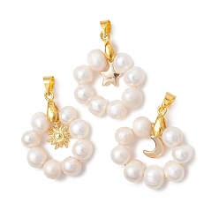 Золотой 3 латунные подвески шт., Подвески в виде звезды/луны/солнца, с бусинами из натурального культивированного пресноводного жемчуга и латунными зажимами для ледоруба., золотые, 26x22.5~24x7~7.5 мм, отверстие : 4x4.5 мм, о 3 шт / комплект