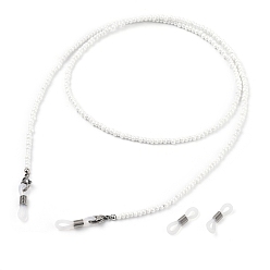 Белый Цепочки для очков, шейный ремешок для очков, с бусинами из цейлонского стекла, 304 нержавеющая сталь застежка когтя омара, латунные бусины и резиновые концы петель, белые, 27.55 дюйм (70 см)