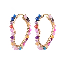 Смешанные камни Серьги из 201 нержавеющей стали, серьги-кольца с бусинами, с естественным бисера агат, сердце, золотые, 46x43x4.5 мм, штифты : 1x0.6 мм