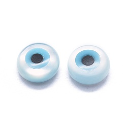 White Shell Cabochons, with Synthetic Turquoise, Flat Round with Evil Eye, White, 5x2mm