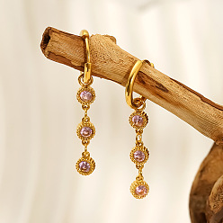 Misty Rose 304 Stainless Steel Pave Cubic Zirconia Hoop Earrings for Women, Flat Round, Dangle Earrings for Women, Golden, Misty Rose, 40mm
