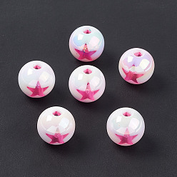 Фуксин УФ-покрытие радужными переливающимися акриловыми бусинами, круглые с рисунком звезд, фуксиново-красные, 15 мм, отверстие : 3.7 мм