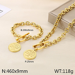 Золотой Плоские круглые с деревом жизни 304 ожерелья из нержавеющей стали и браслеты с подвесками, золотые, 460 мм