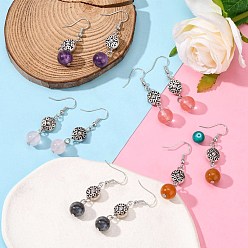 Mixed Stone Fashion Tibetan Style Earrings, with Natural & Synthetic Mixed Stone Beads and Brass Earring Hooks, Mixed Color, 48mm