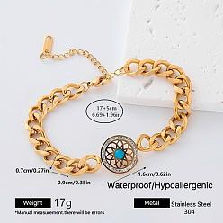 Flower 304 Stainless Steel Crystal Rhinestone Link Bracelets with Synthetic Turquoise for Women, Golden, Deep Sky Blue, Flower, 6.69 inch(17cm)