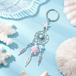 Pink Сплав брелки черепаха океанская тема, с фарфором, синтетической бирюзой и бусинами из натурального говлита, розовые, 133 мм