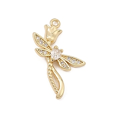 Chapado en Oro Real 18K Latón micro pavimenta claro colgantes de circonio cúbico, dijes de libélulas y flores, real 18 k chapado en oro, 24x16x3 mm, agujero: 1.4 mm