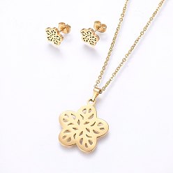 Золотой 304 нержавеющей стали ювелирных изделий, серьги и подвесные ожерелья, цветок, золотые, колье: 17.7 дюйм (45 см), серьги стержня: 9x9.5x1.2мм, штифты : 0.8 мм