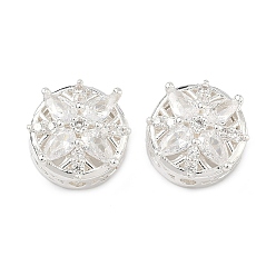 Посеребрённый Латунные звенья с инкрустацией прозрачным кубическим цирконием, плоские круглые с цветком, 925 серебро покрытием, 13x13x7.5 мм, отверстия : 1.6 mm и 1.4 мм