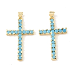 Real 18K Gold Plated Brass Micro Pave Sky Blue Cubic Zirconia Pendants, Cross Charms, Rack Plating, Long-Lasting Plated, Lead Free & Cadmium Free, Real 18K Gold Plated, 38x23x3.5mm, Hole: 4x3mm