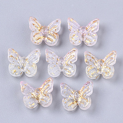 Pink Two Tone Transparent Spray Painted Glass Charms, with Golden Foil, Butterfly, Pink, 7x11x3mm, Hole: 1.2mm