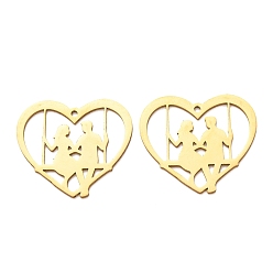 Golden Valentine's Day 201 Stainless Steel Pendants, Heart with Couple on Swing Charms, Laser Cut, Cut-Out, Golden, 24x27x1mm, Hole: 1.5mm
