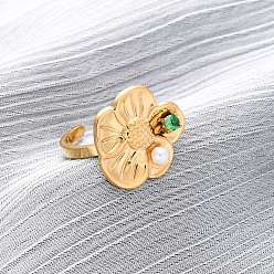 Зеленый 304 регулируемые манжеты из нержавеющей стали для женщин, цветок, с искусственным жемчугом и микропаве из кубических цирконий, золотые, зелёные, Цветок: 18x20 мм, внутренний диаметр: регулируемый