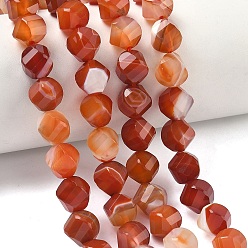 Полосатый Агат Нити бусин из натурального красного полосатого агата, граненые, твист, окрашенная и подогревом, 10~10.5x9.5~10.5x9.5~10.5 мм, отверстие : 1 мм, около 38~40 шт / нитка, 14.96~15.35'' (38~39 см)