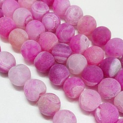 Magenta Natural Weathered Agate Beads Strands, Dyed, Frosted, Round, Magenta, 8mm, Hole: 1mm, about 46pcs/strand, 14~15 inch
