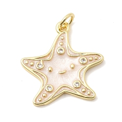 Белый Латунные микропаве прозрачные подвески с фианитом, с эмалью без кадмия и без свинца, долговечный, стойки покрытие, прелести морская звезда, реальный 18 k позолоченный, белые, 20x20x2 мм, отверстие : 3.3 мм