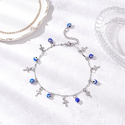 Синий 304 браслеты на ногу из нержавеющей стали с перекрещивающимися звеньями-кисточками и сглазом ручной работы для женщин, цвет нержавеющей стали, синие, 9 дюйм (227 мм)