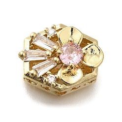 Золотой Латунный прозрачный и розовый кубический цирконий шестигранник с цветочными многорядными звеньями, долговечный, стойки покрытие, золотые, 14.5x12x7.5 мм, отверстие : 1.8 мм