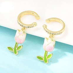 Pink Серьги-манжеты из латуни с прозрачными кубическими циркониями ко Дню святого Валентина, с эмалью, цветок, без кадмия и без свинца, долговечный, стойки покрытие, реальный 18 k позолоченный, розовые, 21.5x14 мм