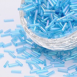 Небесно-голубой Прозрачные цвета радуги стекло стеклярусом, AB цвет, голубой, 6x1.8 мм, отверстие : 0.6 мм