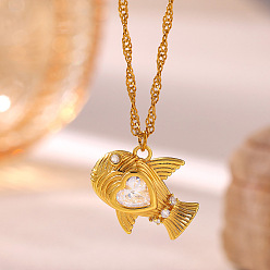Fish Ocean Brass Pave Clear Cubic Zirconia Pendant Necklaces, Golden, Fish, 14.96 inch(38cm), pendant: 17x20mm