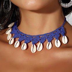 Королевский синий Ожерелья-чокеры ручной работы из полиэстерового шнура в стиле бохо с кисточками из натуральных ракушек каури для женщин, королевский синий, 15.75~23.62 дюйм (40~60 см)
