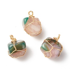 Dark Green Natural Agate Crystal Pendants, with Real 18K Gold Plated Copper Wire Wrapped, Dyed & Heated, Nuggets, Dark Green, 20~23x13~18.5x12~16.5mm, Hole: 2~2.4mm
