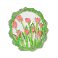 Light Green Printed Acrylic Pendants, Oval with Flower Charm, Light Green, 39.5x34.5x2.5mm, Hole: 1.5mm