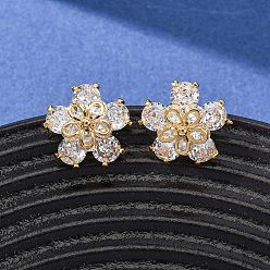 Настоящее золото 18K Женские серьги-гвоздики из латуни с кубическим цирконием, цветок, реальный 18 k позолоченный, 15x15.5 мм