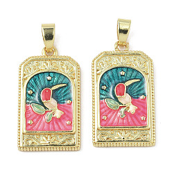 Ярко-Розовый Латунь эмаль подвески, стойки покрытие, долговечный, без кадмия и без свинца, прямоугольник с подвеской в виде ворона, золотые, ярко-розовый, 27.5x16x4 мм, отверстие : 3x6 мм