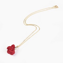 Red Cloth Pendant Decorations Pendant Necklaces, with Brass Findings, Flower, Golden, Red, 18.3 inch(46.5cm)