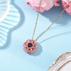 Аметист Кулон с натуральным аметистом и стеклянными бусинами, плоский круглый 304 ожерелье из нержавеющей стали с цепочкой, золотые, 17.60 дюйм (44.7 см)