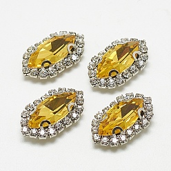 Топаз Шить на горный хрусталь, многожильных ссылки, стекло горный хрусталь, с латунной фурнитурой , аксессуары для одежды, лошадиный глаз , платина, топаз, 21.5~23x11x5~6 мм, отверстие : 1 мм