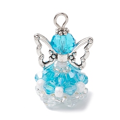 Темно-бирюзовый Стеклянные подвески, угол, с бусинами-крылышками из сплава и железной петлей, граненые, темные бирюзовый, 29x18x16 мм, отверстие : 3 мм