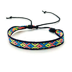 Royal Blue Bohemia Polyester Braided Flat Cord Bracelet, Adjustable Bracelet for Women, Royal Blue, 6-1/2~9-7/8 inch(16.5~25cm)