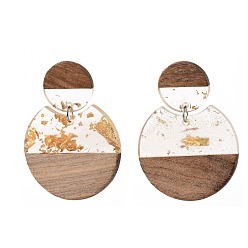 Gold Transparent Resin & Walnut Wood Dangle Stud Earrings, with Gold Foil, Steel Pin and plastic Ear Nuts, Flat Round, Gold, 49.5mm, Pin: 0.7mm