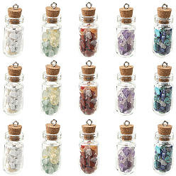 Смешанные камни 20 шт. 5 стили прозрачная стеклянная бутылка желаний с подвесками из смешанных драгоценных камней внутри, с железными петлями, платина, 34x13 мм, отверстие : 1.8 мм, 4 шт / стиль