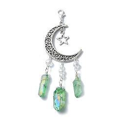 Medium Aquamarine Dyed Natural Quartz Crystal Pendant Decorations, Nuggets & Moon, Medium Aquamarine, 95~100mm
