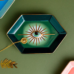 Dark Green Porcelain Jewelry Plate, Storage Tray for Rings, Necklaces, Earring, Hexagon with Evil Eye Pattern, Dark Green, 166x110x25mm