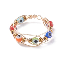 Colorful Round Evil Eye Lampwork & Glass Braided Bead Finger Ring, Copper Wire Wrap Jewelry for Women, Colorful, US Size 8 1/2(18.5mm)