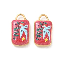 Red 304 Stainless Steel Enamel Pendants, Rectangle with Bird Pattern Charms, Golden, Red, 17.5x9x4mm, Hole: 3.5mm
