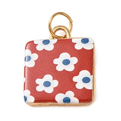 Rouge Pendentifs en acier inoxydable imprimés, carré avec breloques fleurs, réel 304 k plaqué or, rouge, 18mm, Trou: 18.5x15.5x3.5mm