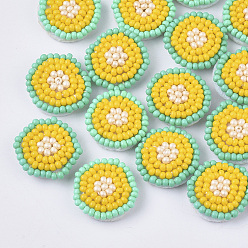 Gold Glass Seed Beaded Cloth Patches, Cluster Beads, with Non-Woven Fabric, Flat Round, Gold, 17~18x3.5~4mm