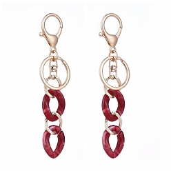 Dark Red Acrylic & Aluminum Keychain, with Alloy Keychain Clasp and Iron Rings, Imitation Gemstone Style, Curb Chains Shape, Golden, Dark Red, 126mm